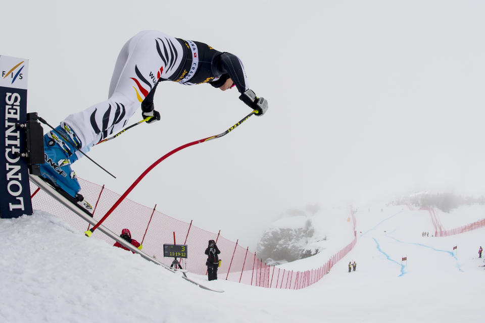 Maria Hoefl-Riesch of Germany starts a training run for the women's alpine skiing World Cup downhill race in Crans-Montana, Switzerland, Thursday, Feb. 27, 2014. (AP Photo/Keystone, Jean-Christophe Bott)