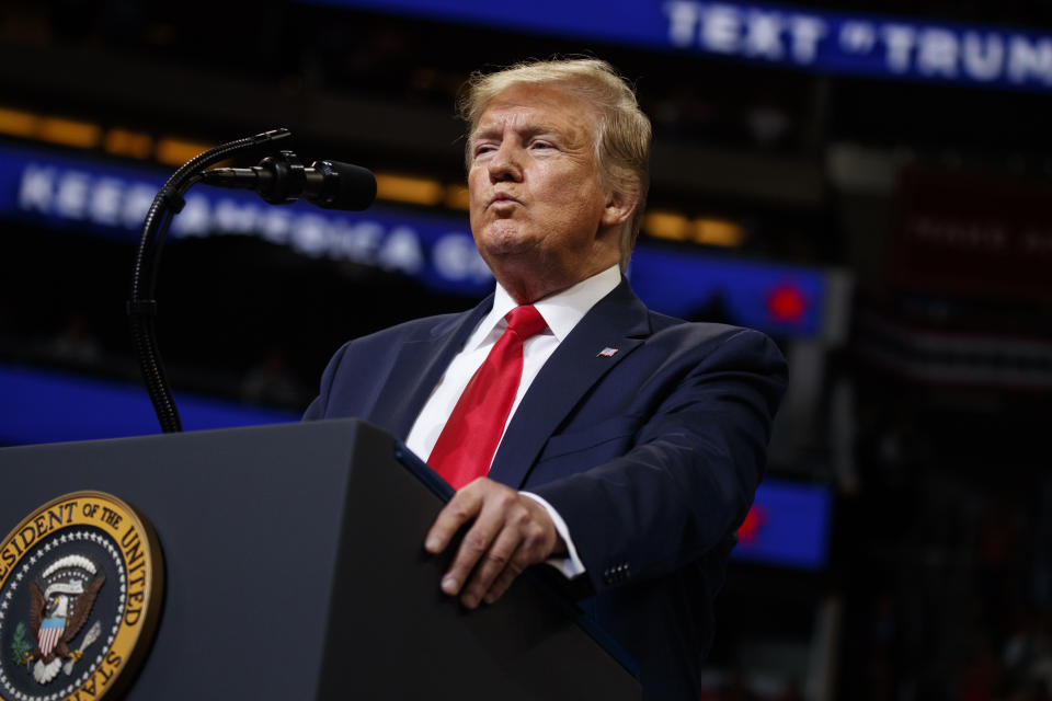 President Donald Trump speaks during his re-election kickoff rally at the Amway Center, Tuesday, June 18, 2019, in Orlando, Fla. (AP Photo/Evan Vucci)