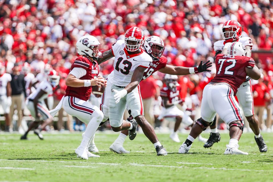 Georgia defensive lineman Mykel Williams (13) during a game against South Carolina at Williams-Brice Stadium in Columbia, S.C., on Saturday, Sept. 17, 2022. (Photo by Tony Walsh)