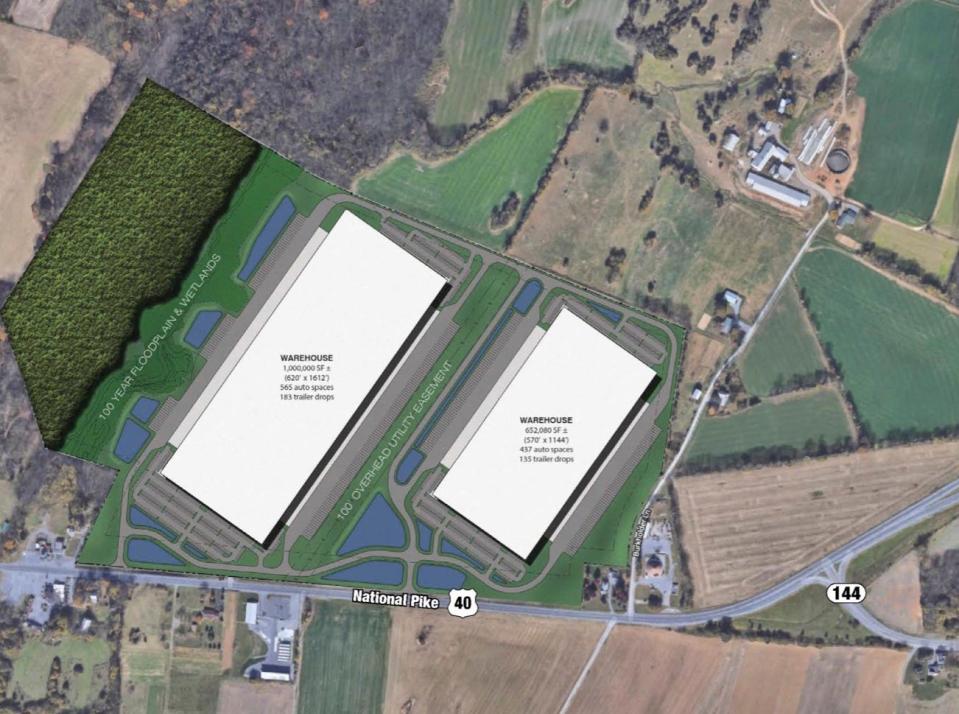 A drawing provided by NorthPoint Development for NorthPoint's Dickinson Farm shows two structures -- the rectangles with bold black lines -- on a parcel off U.S. 40 west of Hagerstown. The larger building would cover 1 million square feet. The smaller one would be 652,080 square feet.