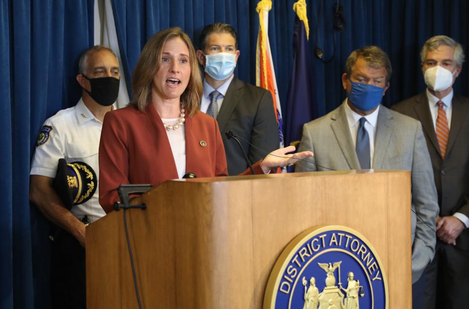 Westchester County District Attorney Mimi Rocah delivers remarks at her office, Sept. 28, 2021, during an announcement of Fresh Start, an innovative program that gives second chances to certain first-time, low-level offenders arrested in Westchester County.