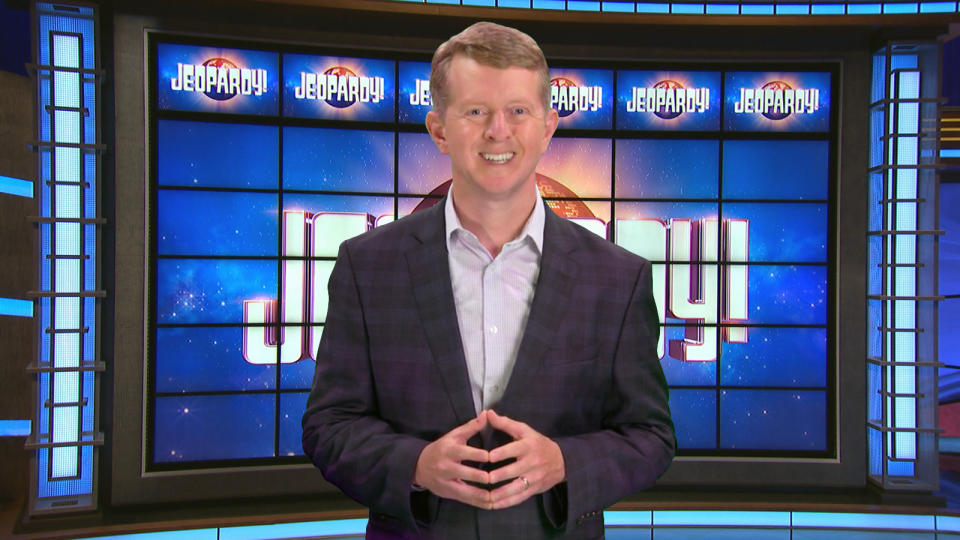 This image released by JEOPARDY! shows Ken Jennings, a 74-time champion the the set of the popular quiz show. Jennings will be the first interim guest for the late Alex Trebek, and the show will try other guest hosts before naming a permanent replacement. (JEOPARDY! via AP)