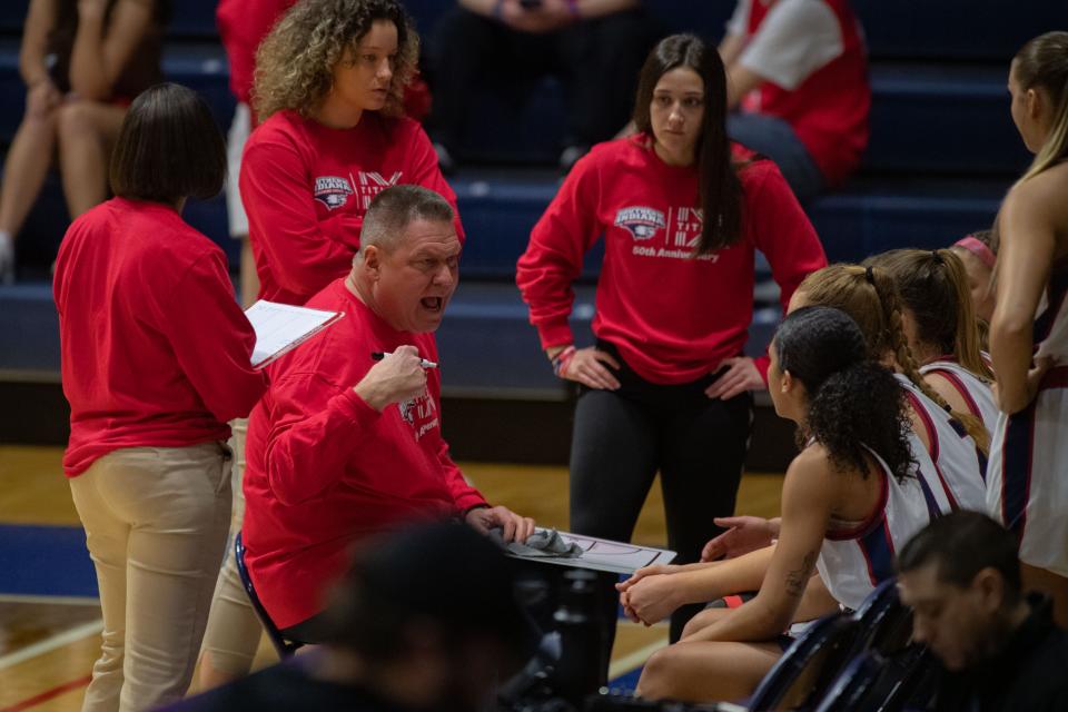 Southern Indiana Head Coach Rick Stein instructs the team in a time-out during a match facing the Tennessee Tech Golden Eagles on Thursday, Feb. 23, 2023.