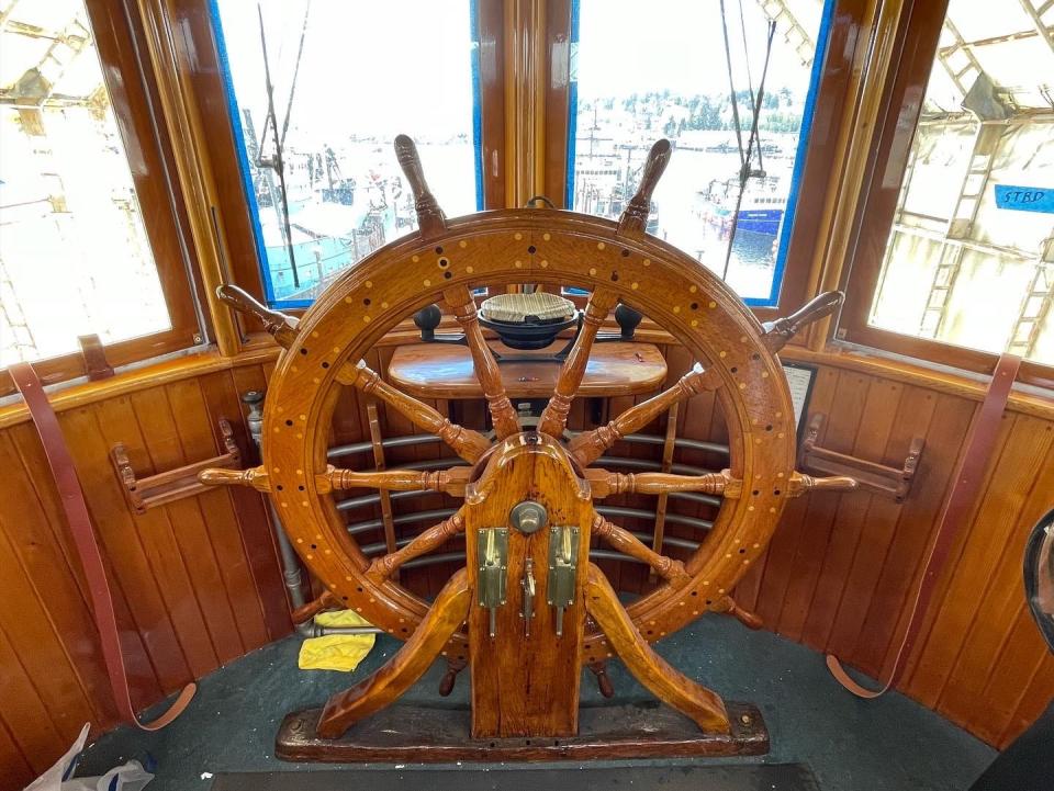 The wheelhouse aboard the Virginia V. The ship made its maiden voyage 100 years ago, on June 11, 1922.