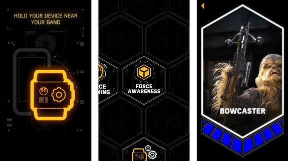 You connect the band to your smartphone just the way you did the BB-8 (left). The app also features a Force Awareness game (center) that helps you collect Star Wars cards and additional interactive Force Band activities (right).