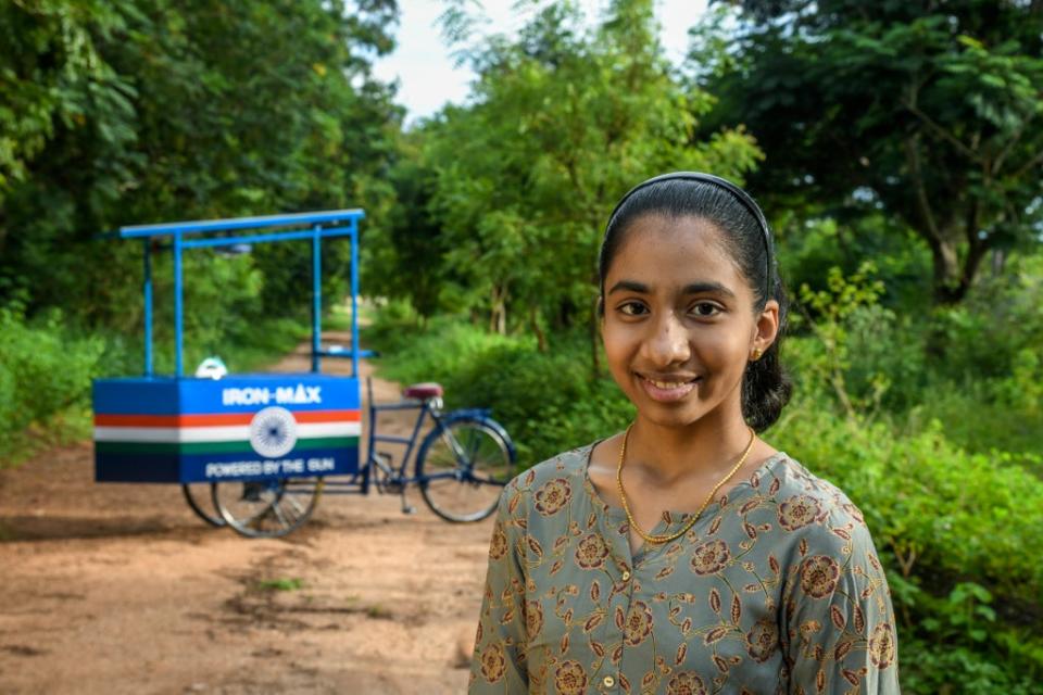 Vinisha Umashankar, 14, has been hailed for her solar-powered ironing cart design (Handout)