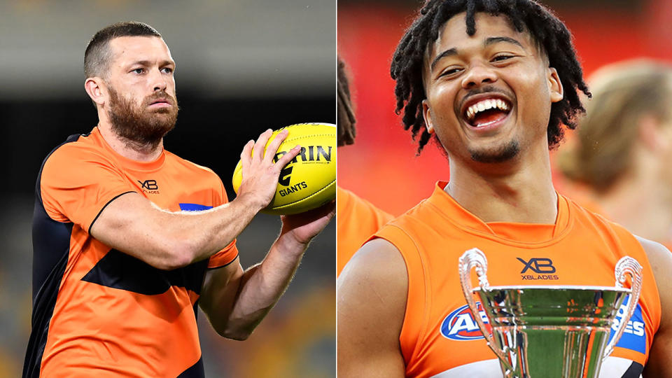 GWS youngster Connor Idun is seen on the right, with GWS teammate Sam Reid on the left.