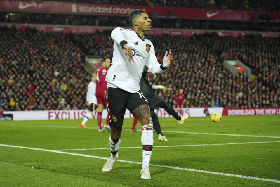 Manchester United's Marcus Rashford reacts after missing a chance during the English Premier League soccer match between Liverpool and Manchester United at Anfield in Liverpool, England, Sunday, March 5, 2023. (AP Photo/Jon Super)