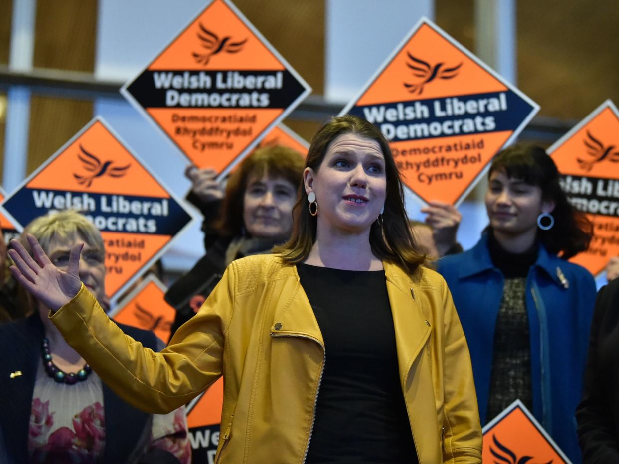 Jo Swinson speaks outside the Senedd, also known as the National Assembly building, in Cardiff: PA