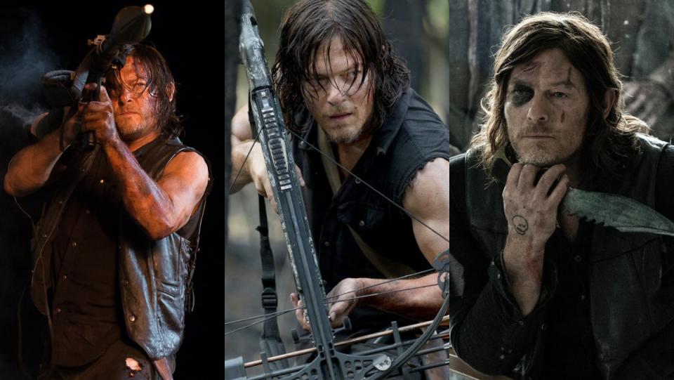 three images of the walking dead daryl dixon holding a knife, crossbow, and a rocket launcher