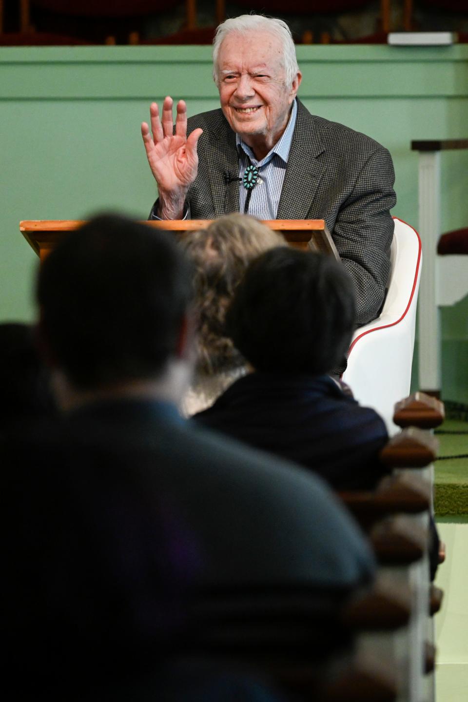 Former president Jimmy Carter wraps up Sunday school class at Maranatha Baptist Church on Nov. 3 in Plains, Ga.