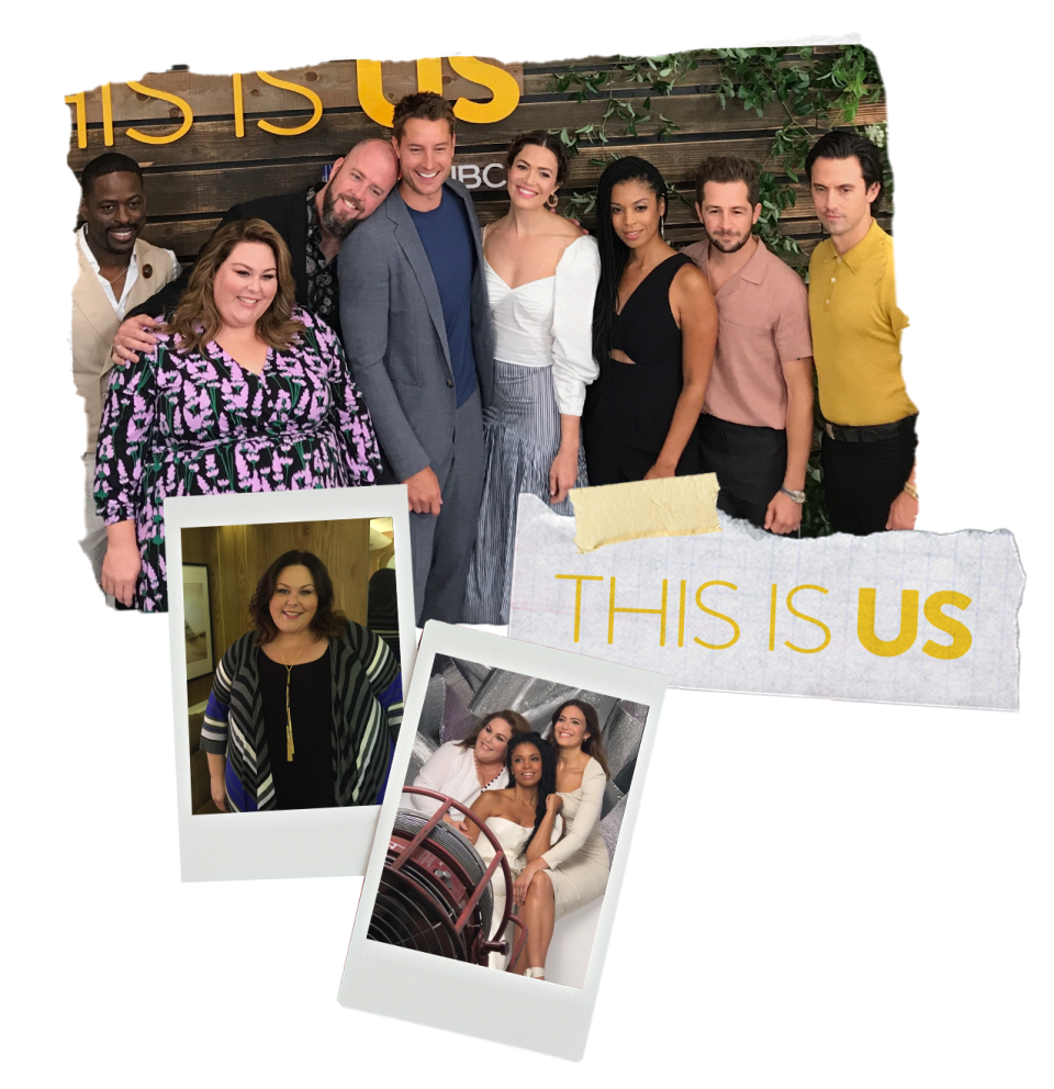Top photo: The cast gathers at a press event in August 2019; bottom left; Chrissy Metz in her trailer in September 2016, two weeks before the series premiered; bottom right: Metz, Susan Kelechi Watson and Mandy Moore at their *Glamour* cover shoot in August 2018.