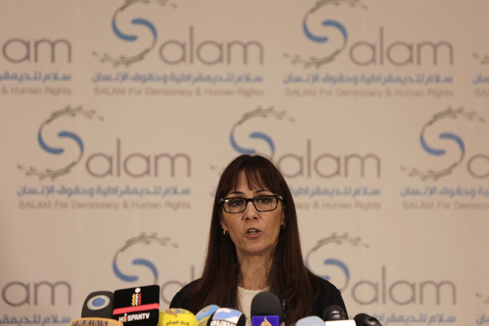 Sima Watling, a researcher at Amnesty International, speaks during a press conference by SALAM for Democracy and Human Rights, a non-governmental organization that follows human rights abuses in the Middle East, in Beirut, Lebanon, Thursday, April 25, 2019. SALAM released a 30-page report on sexual torture in Bahrain Thursday that said such acts in the kingdom's jails are "widespread" and "systematic." (AP Photo/Hassan Ammar)