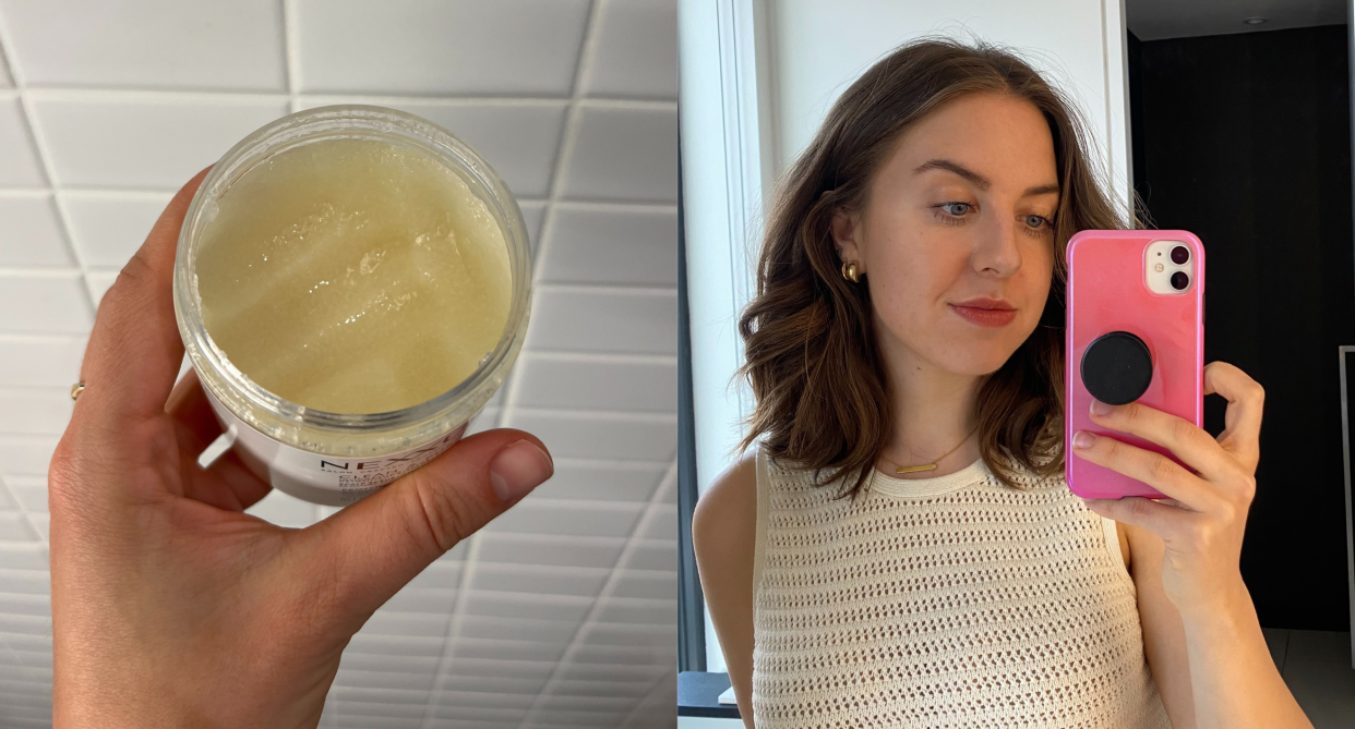 split screen of hand holding open jar of hair scrub and brunette woman wearing white shirt taking selfie in mirror with pink phone case