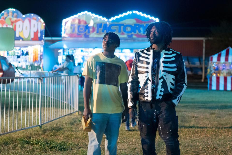 Teenage Darious (Jalyn Hall, left) bonds with enigmatic drifter Porter (Trevante Rhodes), who has a past connection with the kid's parents, in director Miles Warren’s "Bruiser."