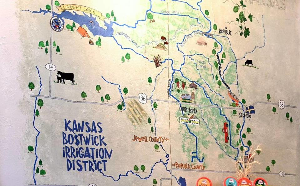 A hand-painted mural of the Kansas Bostwick Irrigation District adorns the wall at Irrigation Ales, a microbrewery in Courtland, Kansas. The irrigation district sends water from Lovewell Lake to farmers in this part of central Kansas, south of the Nebraska border.