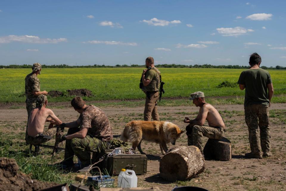 Los soldados ucranianos descansan después de cavar trincheras cerca de la frontera en Donetsk, al este de Ucrania el miércoles (AP)