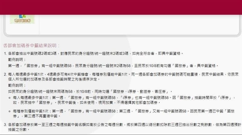 ▲身分證末兩碼「58」被拿來當作官網中籤範例，結果一張都沒中，苦主全崩潰。（圖/五倍券官網）