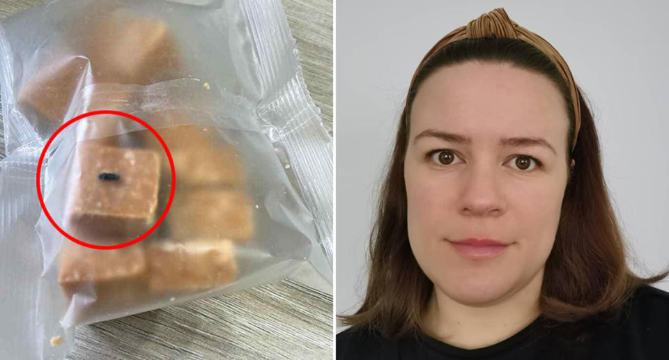 Pictured left is the fudge with the mysterious 'nugget' embedded in the fudge bought from UK retailer Poundland and on the right is Kayley Tee.