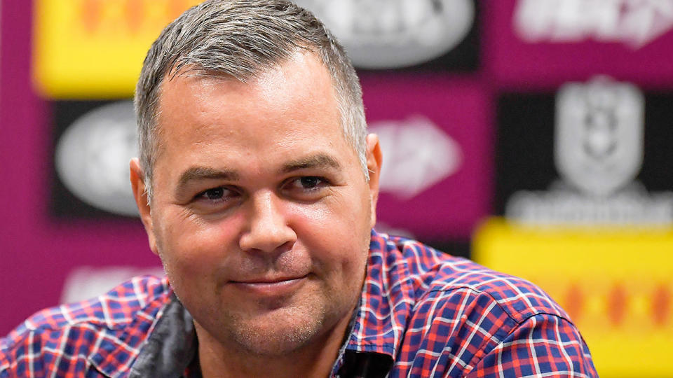 Pictured here, Anthony Seibold fronts a press conference during his time as Brisbane Broncos coach.