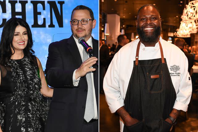 <p>Denise Truscello/Getty</p> Denise Jonas and Kevin Jonas Sr. (left) and Executive Chef Mario Nichols (right) at Las Vegas opening of Nellie's Southern Kitchen