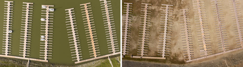 Docks float in the Browns Ravine Cove area of Folsom Lake on March 26, 2023, left, and the same location on May 22, 2021, boat docks sit on dry land in Folsom, Calif., on May 22, 2021. (AP Photo/Josh Edelson)