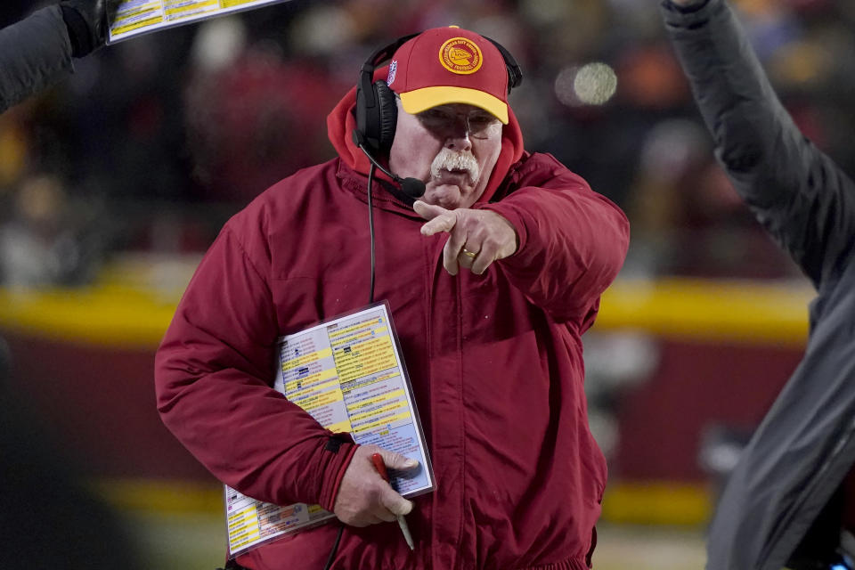 Kansas City Chiefs head coach Andy Reid gestures during the first half of the team's NFL wild-card playoff football game against the Miami Dolphins Saturday, Jan. 13, 2024, in Kansas City, Mo. (AP Photo/Ed Zurga)