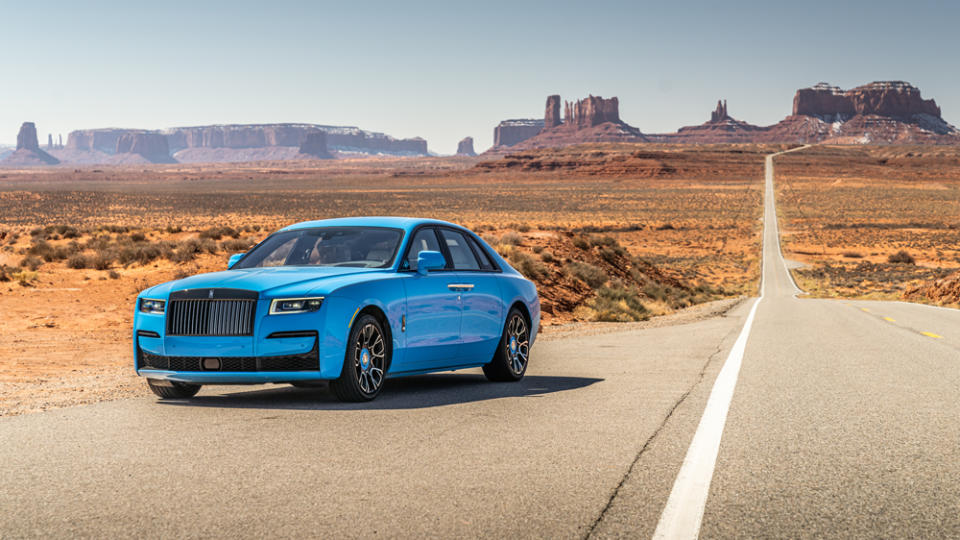 A Rolls-Royce Ghost finished in Galileo Blue adds even more color the Monument Valley near the border of Arizona and Utah.