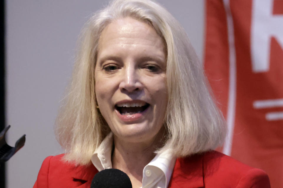 FILE - Kelly Daughtry, Republican candidate for U.S. House of Representatives, North Carolina 13th District, speaks at a rally Friday, Jan. 26, 2024, in Roxboro, N.C. (AP Photo/Chris Seward, File)