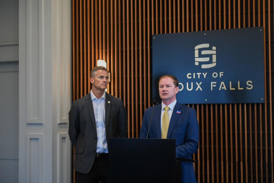 Mayor Paul TenHaken announces Joe Kippley as the new Public Health Director during the media briefing meeting on Wednesday, May 15, 2024, at City Hall in Sioux Falls.