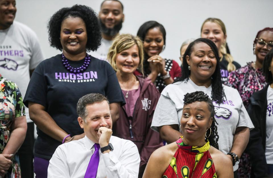 Principal Dr. Jeronda Majors smiles as JCPS board member Dr. James Craig sits at left as Dr.Marty Pollio talks about Majors' vision to lead the new Hudson Middle School on Thursday, Aug. 3, 2023 in West Louisville during a grand opening. Around 300 students will attend the school -- for sixth graders presently -- for the 2023-24 school year.