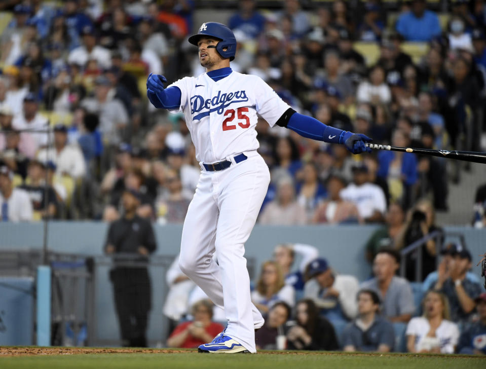 LOS ANGELES, CA - JULY 04: Trayce Thompson #25 of the Los Angeles Dodgers hits a three-run home run against starting pitcher Kyle Freeland of the Colorado Rockies during the fifth inning at Dodger Stadium on July 4, 2022 in Los Angeles, California. (Photo by Kevork Djansezian/Getty Images)