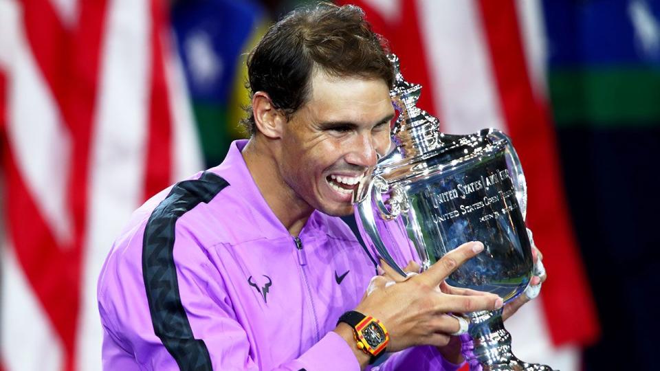 Rafael Nadal is pictured here with the 2019 US Open trophy.