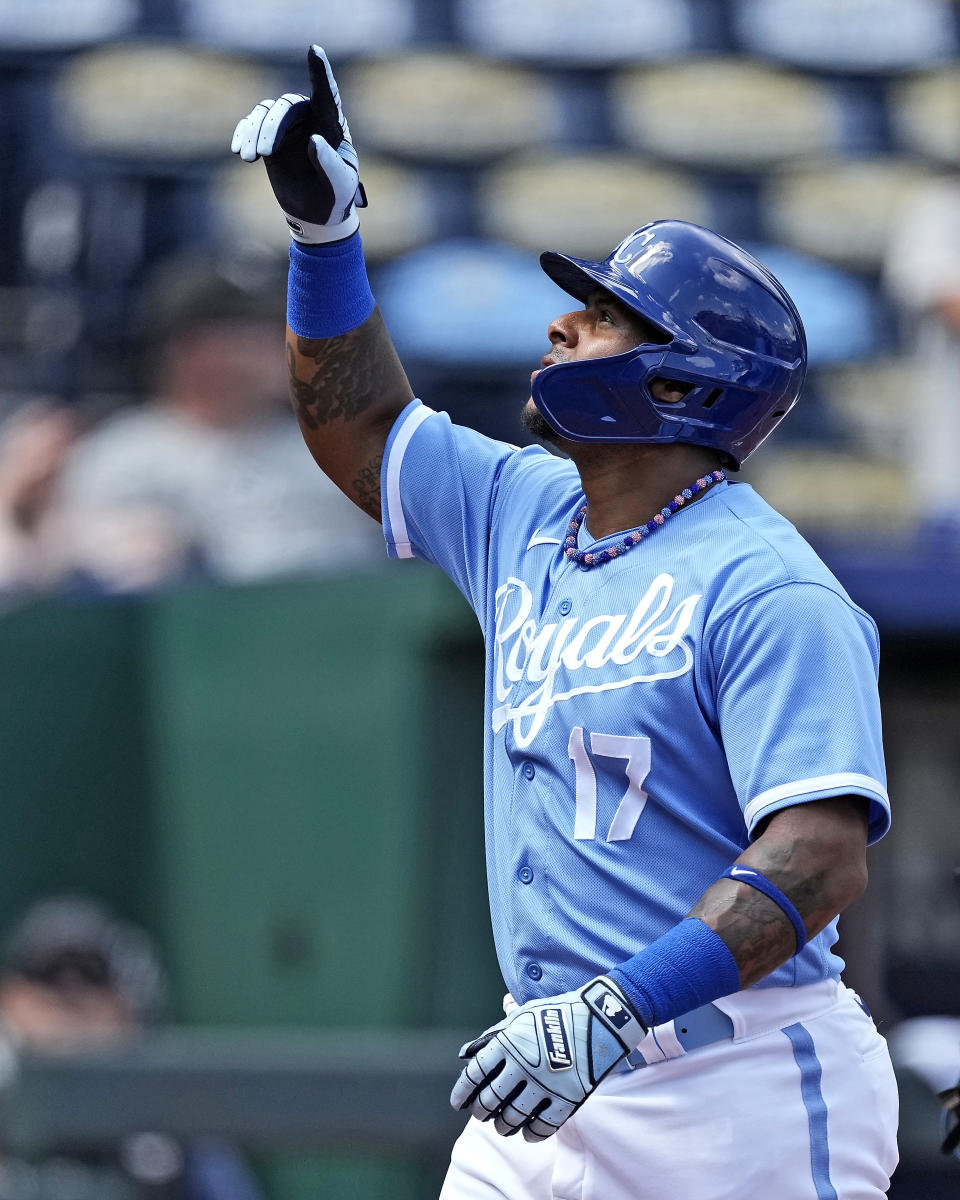 Kansas City Royals' Nelson Velazquez celebrates after hitting a two-run home run during the fourth inning of a baseball game against the Chicago White Sox Monday, Sept. 4, 2023, in Kansas City, Mo. (AP Photo/Charlie Riedel)