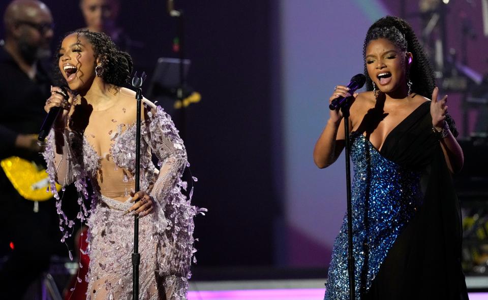 Chloe Bailey, left, and Halle Bailey perform at MusiCares Person of the Year honoring Berry Gordy and Smokey Robinson at the Los Angeles Convention Center on Friday, Feb. 3, 2023. (AP Photo/Chris Pizzello) ORG XMIT: CADA664