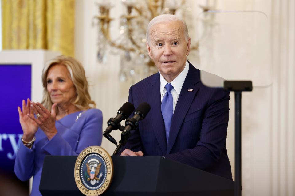 President Joe Biden gives remarks alongside first lady Jill Biden during a Women’s History Month reception in the East Room of the White House on March 18, 2024 in Washington, DC. The event is a part of the Biden administration’s Women’s Health Research initiative.