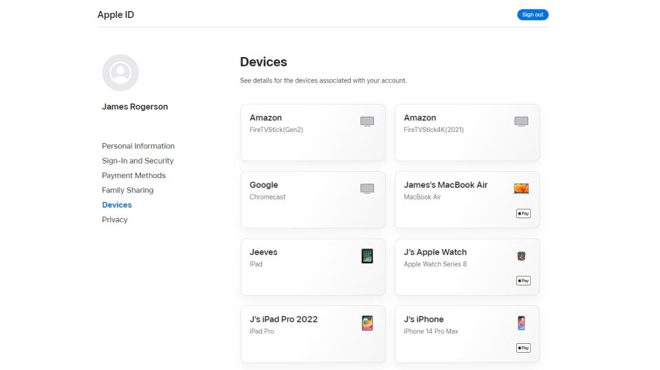 A screenshot of the Devices menu in an Apple account