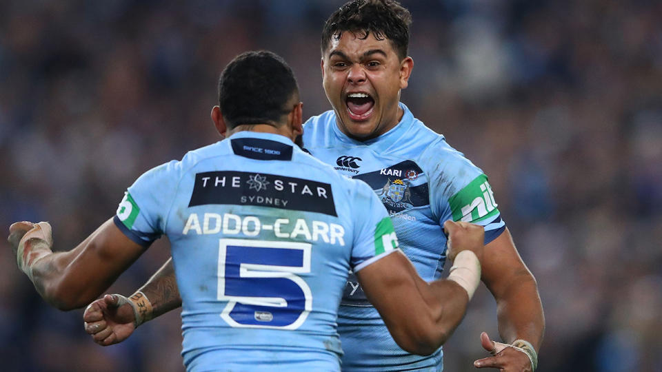 Josh Addo-Carr and Latrell Mitchell, pictured here in action for NSW in the 2018 State of Origin series.