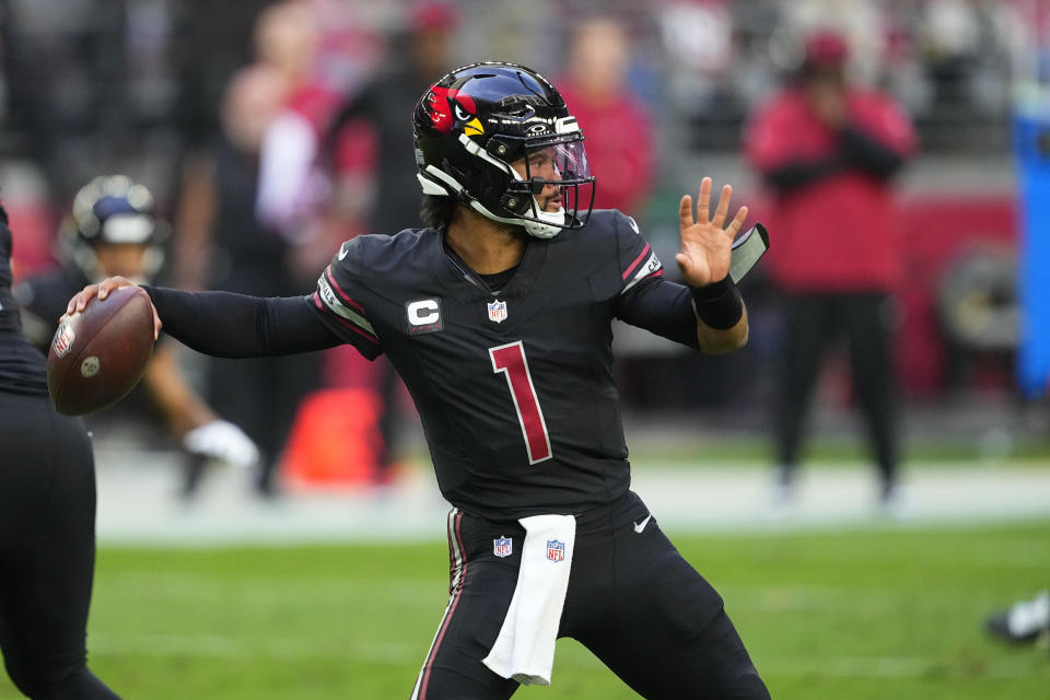 Arizona Cardinals quarterback Kyler Murray throws a pass during the first half of an NFL football game against the Los Angeles Rams, Sunday, Nov. 26, 2023, in Glendale, Ariz. (AP Photo/Matt York)