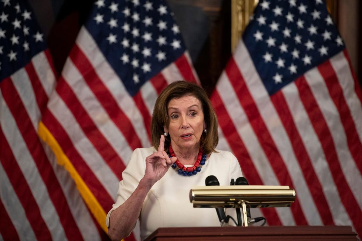 House Speaker Nancy Pelosi at her weekly press conference on January 20, 2021.