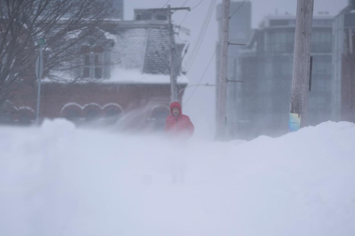 A pedestrian makes their way through blowing snow as a winter storm hit Halifax on Sunday. People in the province are digging out after a historic multi-day snowfall. (Darren Calabrese/The Canadian Press - image credit)