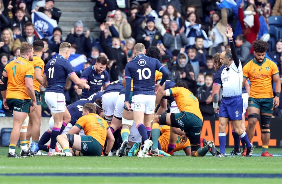 Hamish Watson scores Scotland’s first try (Steve Welsh/PA)