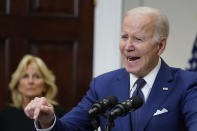 President Joe Biden speaks about the mass shooting at Robb Elementary School in Uvalde, Texas, from the White House, in Washington, Tuesday, May 24, 2022, as first lady Jill Biden listens. (AP Photo/Manuel Balce Ceneta)