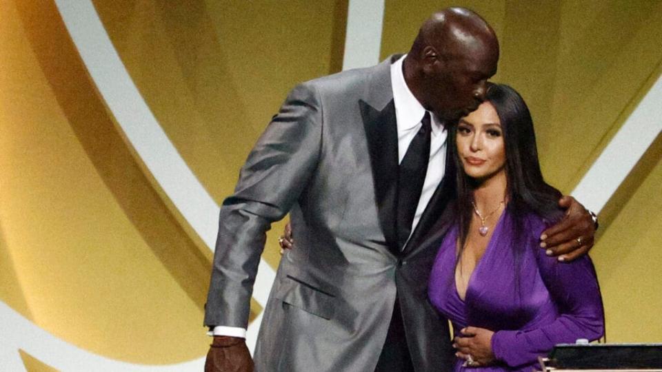 Vanessa Bryant is greeted by presenter Michael Jordan after speaking on behalf of Class of 2020 inductee, Kobe Bryant during the 2021 Basketball Hall of Fame Enshrinement Ceremony at Mohegan Sun Arena on May 15, 2021 in Uncasville, Connecticut. (Photo by Maddie Meyer/Getty Images)