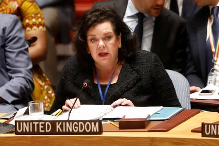 Karen Pierce, Britain's Ambassador to the United Nations, addresses the U.N. Security Council briefing on implementation of the resolution that endorsed the Iran nuclear deal at the United Nations headquarters in New York