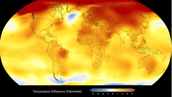 Global temperatures in 2017. Yellows and reds show warmer than average.