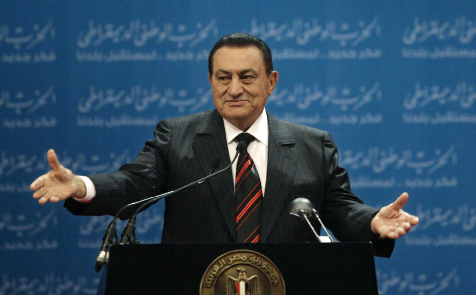 FILE - In this Nov. 1, 2008, file photo, Egyptian President Hosni Mubarak delivers a speech at the first day of the 5th annual convention of the ruling National Democratic Party in Cairo, Egypt. Mubarak, 91, the Egyptian leader who was the autocratic face of stability in the Middle East for nearly 30 years before being forced from power in an Arab Spring uprising, died Feb. 25. (AP Photo/Nasser Nasser, File)