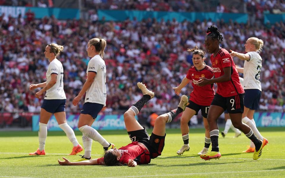 Rachel Williams falls on her back after heading Man Utd into a 2-0 lead