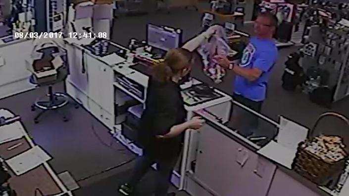 While investigating the case, authorities found evidence that they say pointed to Michael Handley as the mastermind behind the kidnapping. In this surveillance footage, he is seen purchasing handcuffs from a police supply store three days before Schanda's kidnapping. / Credit: 15th Judicial District Attorney's Office