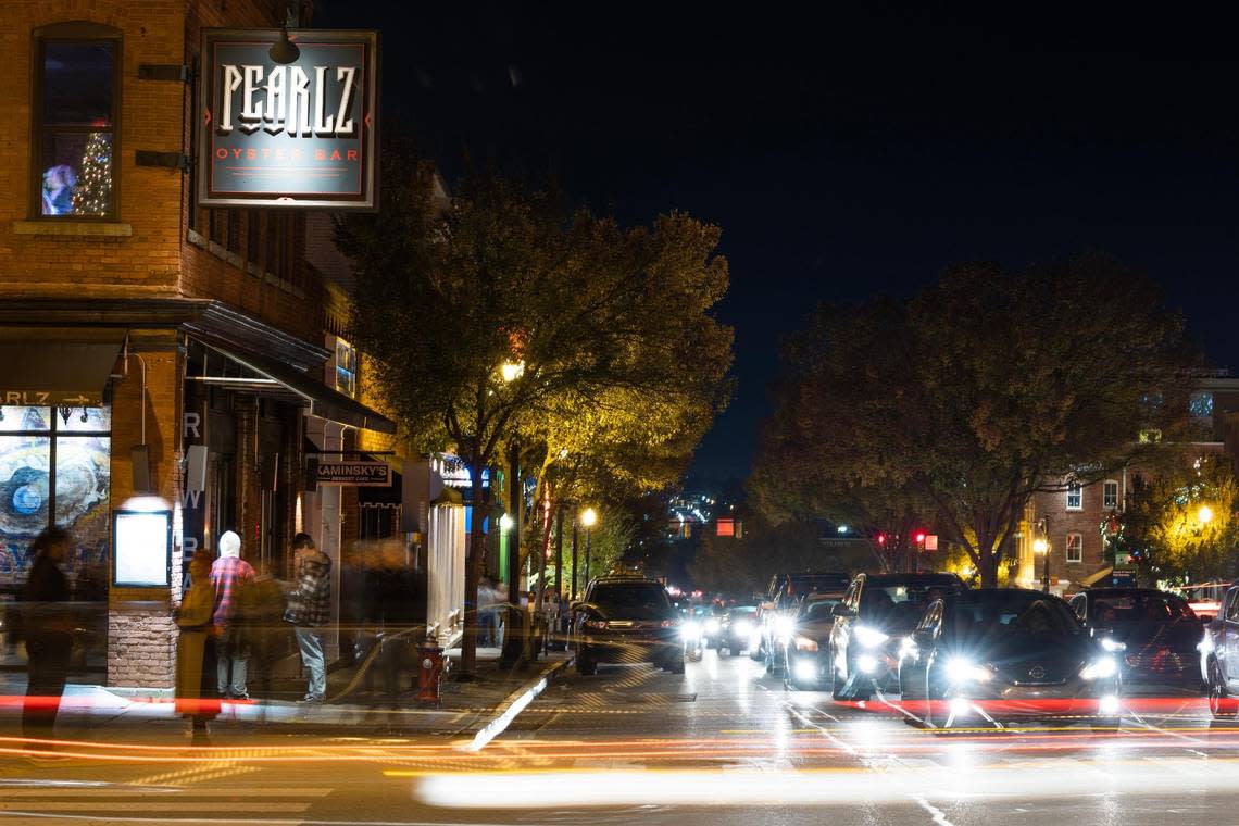 Students, locals and visitors walk from club to club in the Vista neighborhood in Columbia, South Carolina on Friday, November 18, 2022. Students and business owners have noticed a shift in Colubmia’s nightlife scene.
